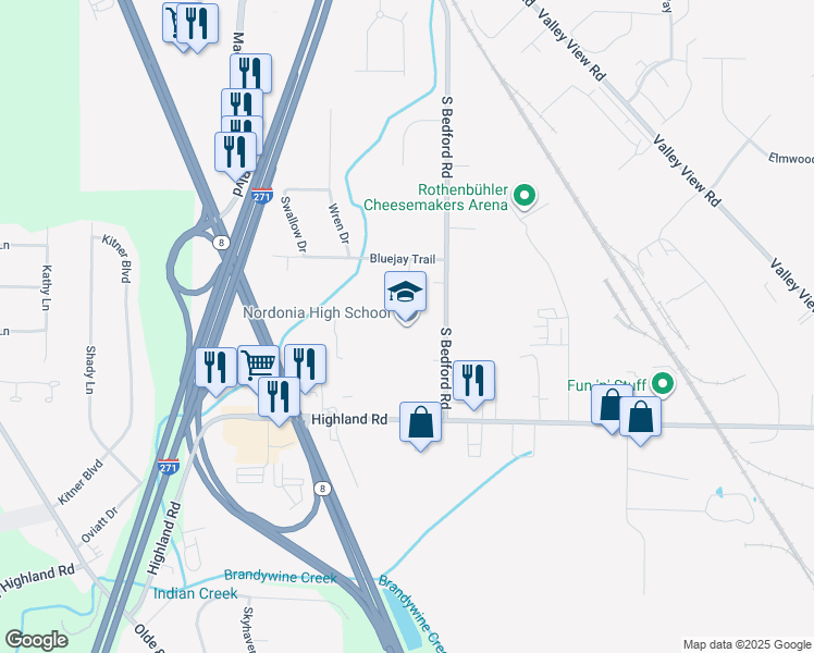 map of restaurants, bars, coffee shops, grocery stores, and more near 8006 South Bedford Road in Macedonia