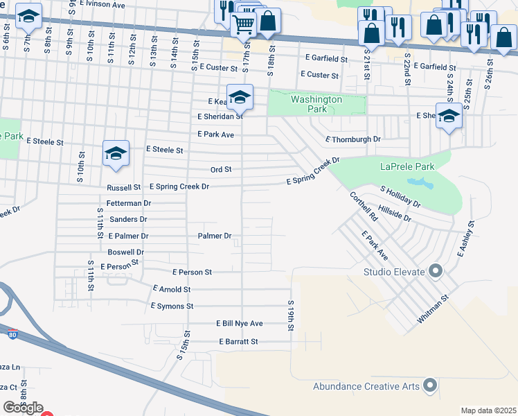 map of restaurants, bars, coffee shops, grocery stores, and more near 1725 Fetterman Drive in Laramie