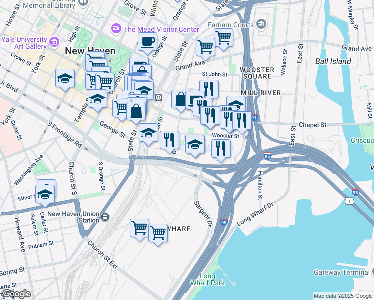 map of restaurants, bars, coffee shops, grocery stores, and more near 66 Warren Street in New Haven