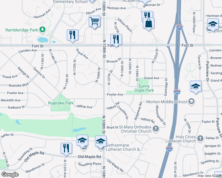 map of restaurants, bars, coffee shops, grocery stores, and more near 4804 North 107th Street in Omaha