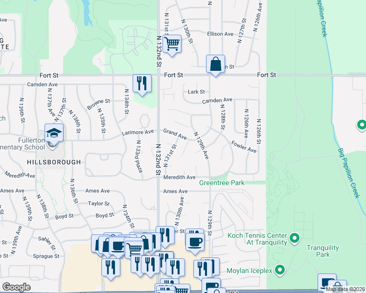 map of restaurants, bars, coffee shops, grocery stores, and more near 13006 Grand Avenue in Omaha