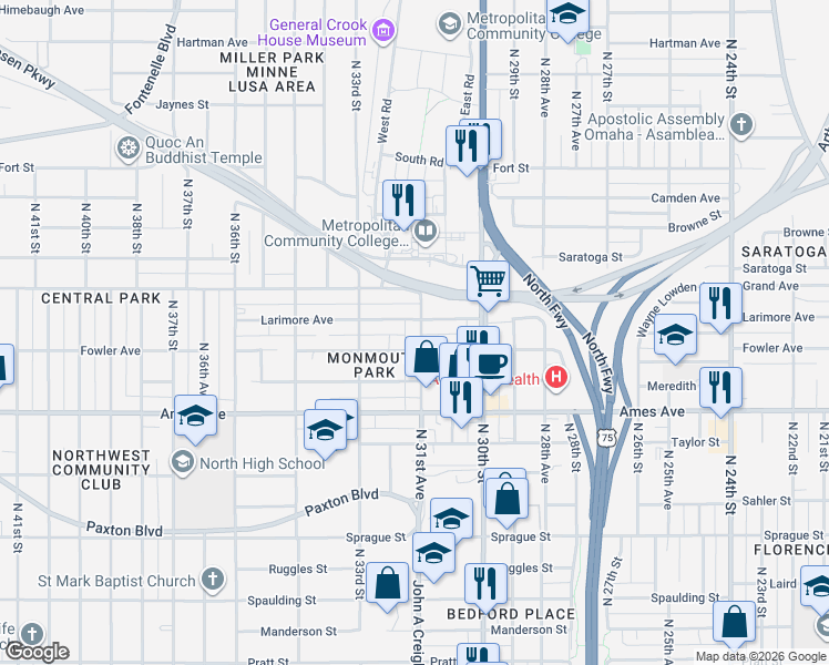 map of restaurants, bars, coffee shops, grocery stores, and more near 3160 Larimore Avenue in Omaha
