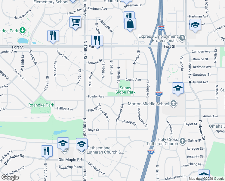 map of restaurants, bars, coffee shops, grocery stores, and more near 4906 North 105th Street in Omaha
