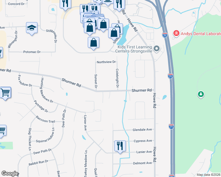 map of restaurants, bars, coffee shops, grocery stores, and more near 16776 Shurmer Road in Strongsville