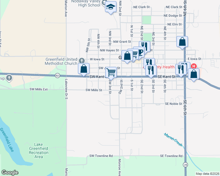 map of restaurants, bars, coffee shops, grocery stores, and more near 405 Southwest 3rd Street in Greenfield