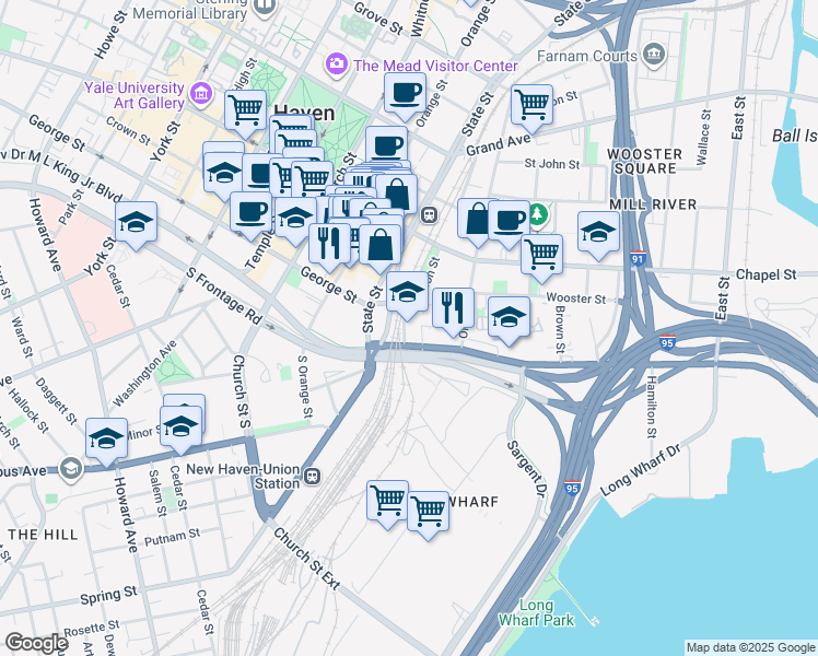 map of restaurants, bars, coffee shops, grocery stores, and more near 175 Water Street in New Haven