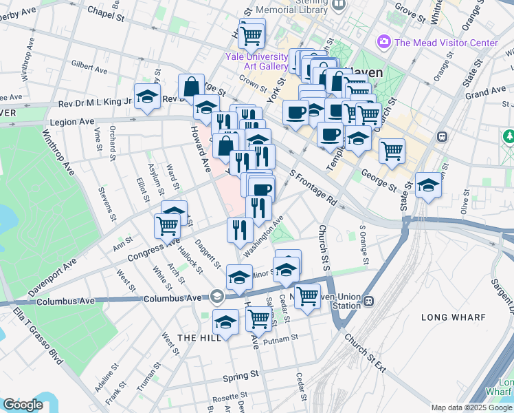 map of restaurants, bars, coffee shops, grocery stores, and more near 310 Cedar Street in New Haven