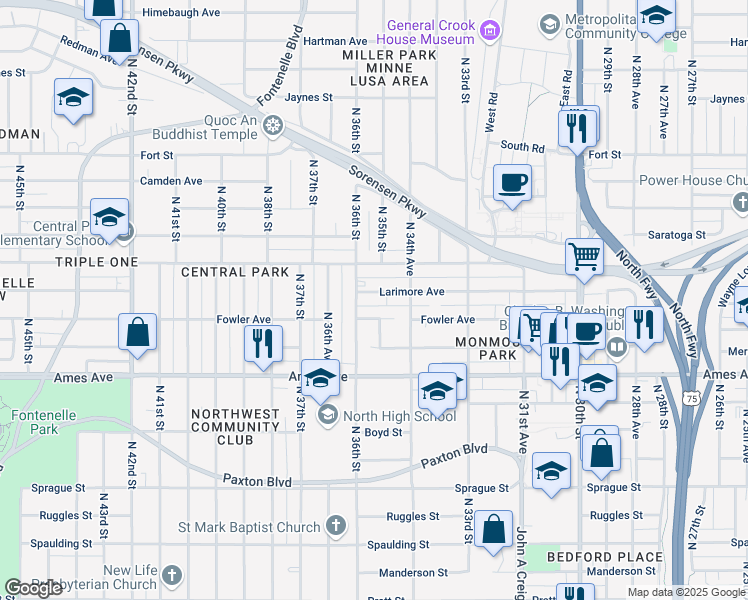 map of restaurants, bars, coffee shops, grocery stores, and more near 3483 Larimore Avenue in Omaha