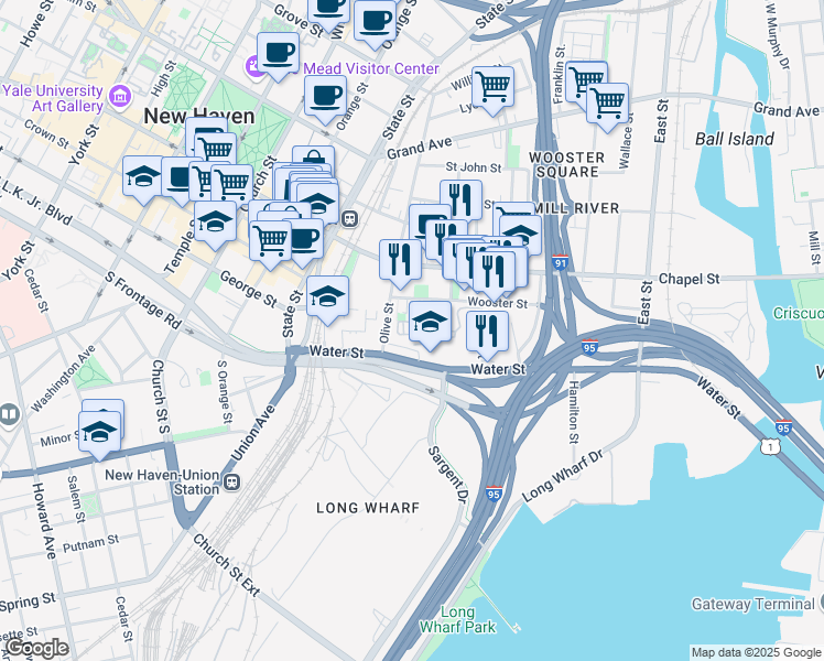 map of restaurants, bars, coffee shops, grocery stores, and more near 66 Warren Street in New Haven