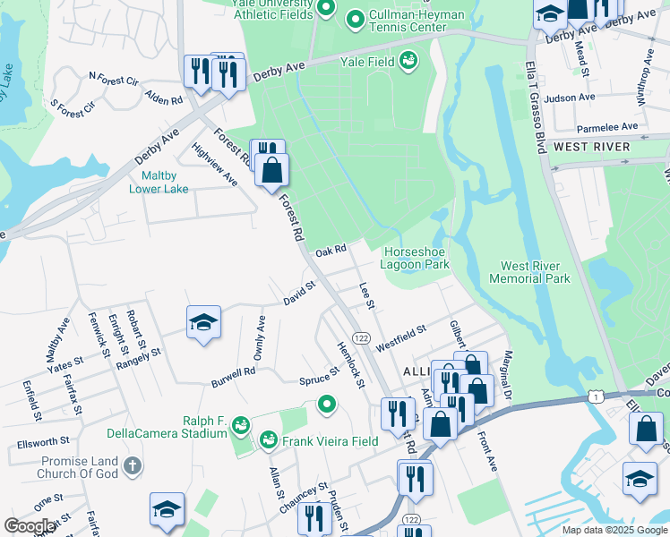 map of restaurants, bars, coffee shops, grocery stores, and more near 26 Oak Road in West Haven