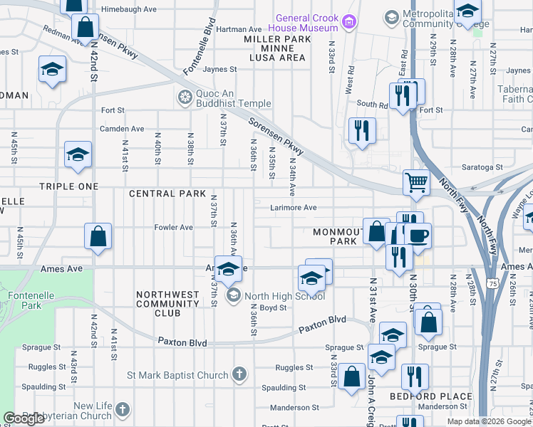 map of restaurants, bars, coffee shops, grocery stores, and more near 3480 Larimore Avenue in Omaha