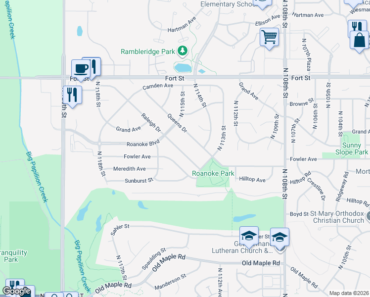 map of restaurants, bars, coffee shops, grocery stores, and more near 11435 Queens Drive in Omaha