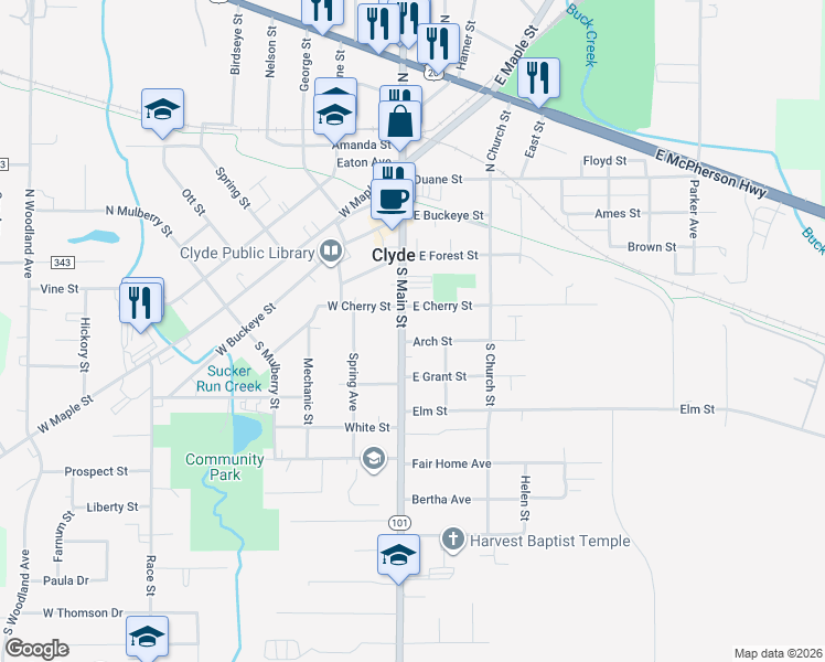 map of restaurants, bars, coffee shops, grocery stores, and more near 114 East Cherry Street in Clyde