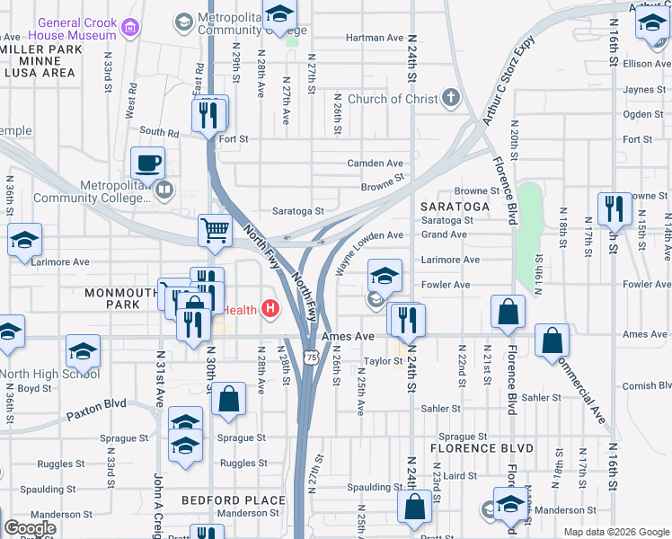 map of restaurants, bars, coffee shops, grocery stores, and more near 2804 Larimore Avenue in Omaha
