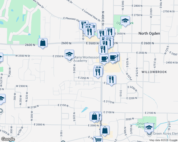 map of restaurants, bars, coffee shops, grocery stores, and more near 2421 North Washington Road Boulevard in North Ogden
