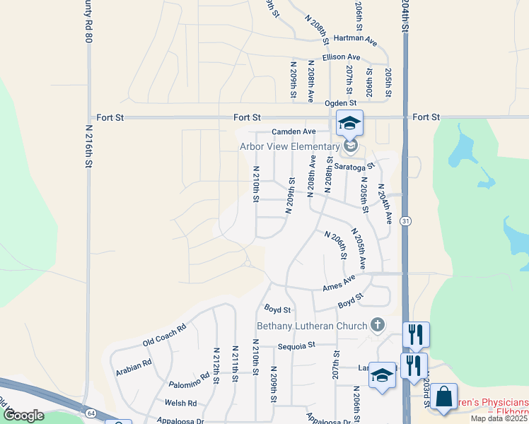 map of restaurants, bars, coffee shops, grocery stores, and more near 20925 Larimore Avenue in Omaha