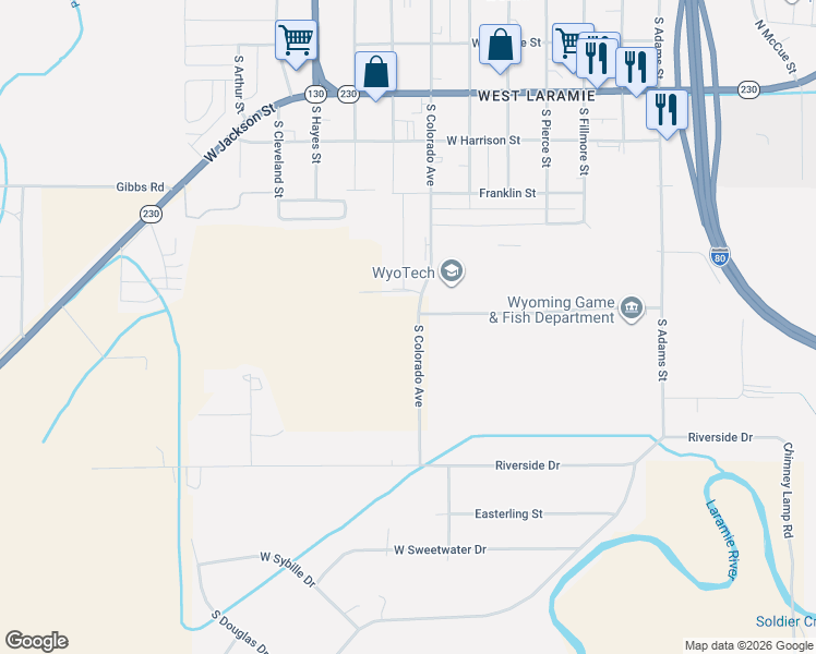 map of restaurants, bars, coffee shops, grocery stores, and more near 1116 South Colorado Avenue in Laramie