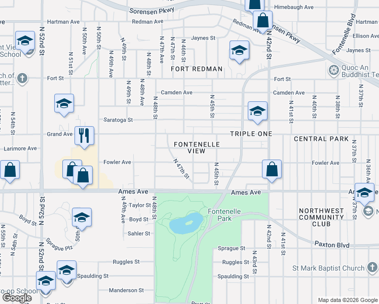 map of restaurants, bars, coffee shops, grocery stores, and more near 4542 Larimore Avenue in Omaha