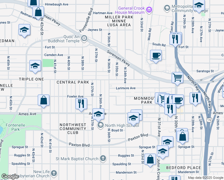 map of restaurants, bars, coffee shops, grocery stores, and more near 3483 Larimore Avenue in Omaha