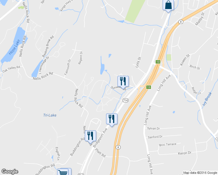 map of restaurants, bars, coffee shops, grocery stores, and more near 11 Red Oak Circle in Shelton