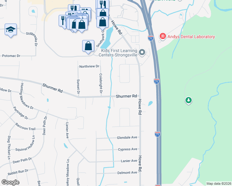 map of restaurants, bars, coffee shops, grocery stores, and more near 16400 Shurmer Road in Strongsville