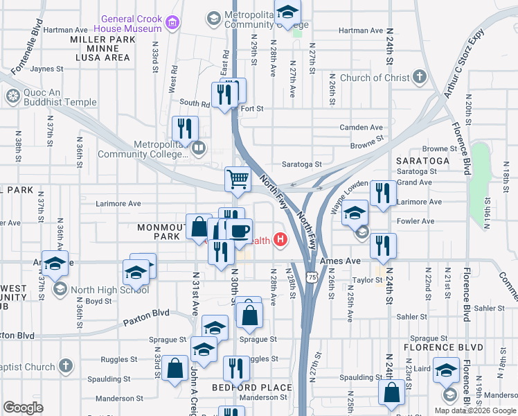 map of restaurants, bars, coffee shops, grocery stores, and more near 4719 North 29th Street in Omaha