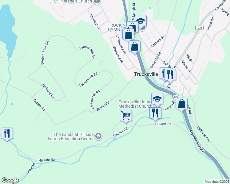 map of restaurants, bars, coffee shops, grocery stores, and more near 31 Sutton Road in Trucksville