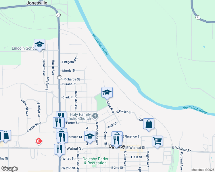 map of restaurants, bars, coffee shops, grocery stores, and more near 13 Park Road in Oglesby