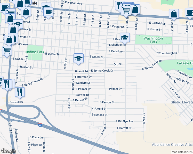 map of restaurants, bars, coffee shops, grocery stores, and more near 1325 East Fetterman Drive in Laramie