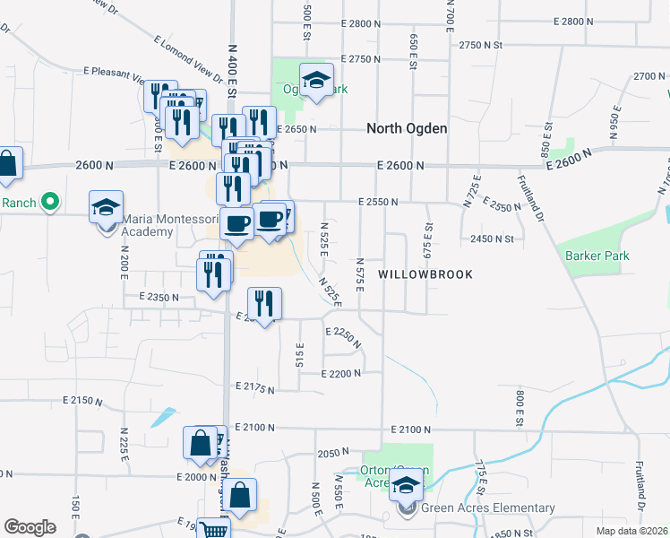 map of restaurants, bars, coffee shops, grocery stores, and more near 2413 North 575 East in Ogden