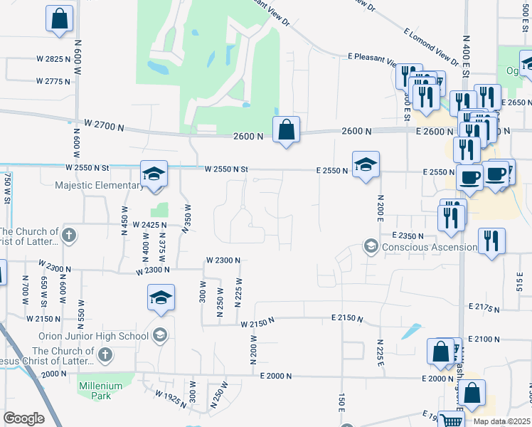map of restaurants, bars, coffee shops, grocery stores, and more near 163 Arlington Way in Ogden