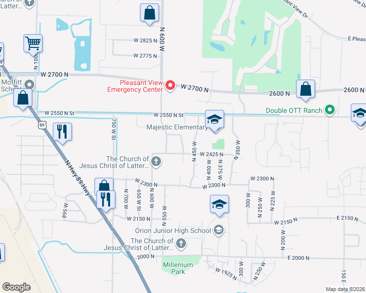 map of restaurants, bars, coffee shops, grocery stores, and more near 2482 North 500 West in Harrisville