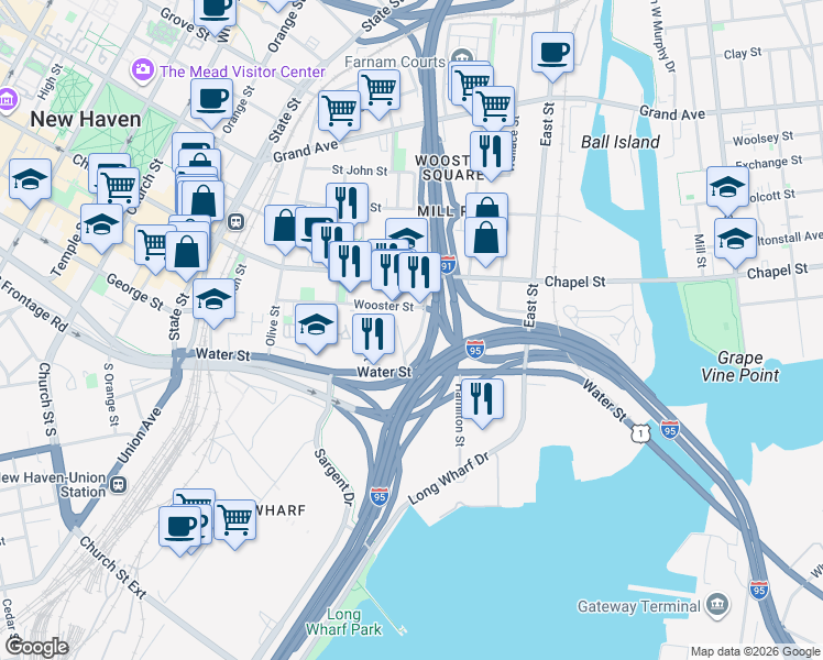 map of restaurants, bars, coffee shops, grocery stores, and more near 106 Wooster Street in New Haven
