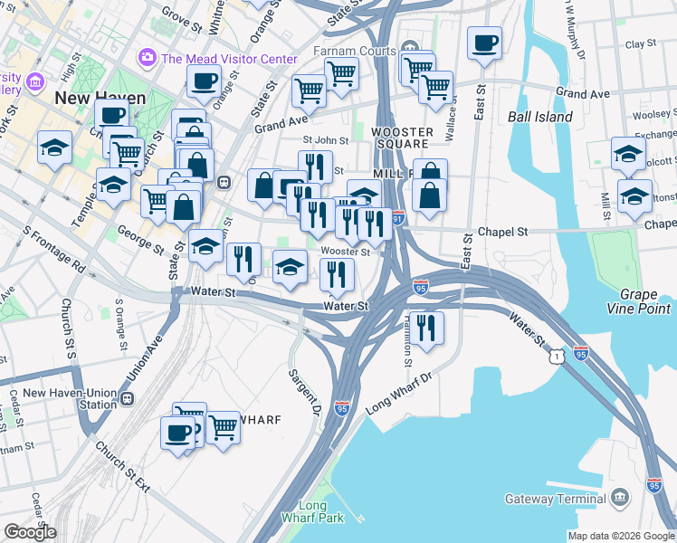 map of restaurants, bars, coffee shops, grocery stores, and more near 138 Wooster Street in New Haven