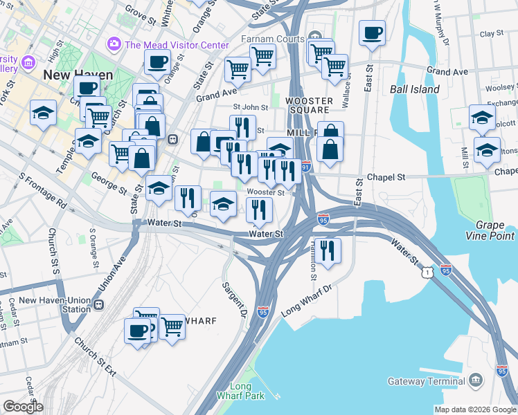 map of restaurants, bars, coffee shops, grocery stores, and more near 138 Wooster Street in New Haven