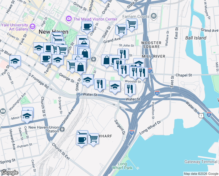 map of restaurants, bars, coffee shops, grocery stores, and more near 66 Warren Street in New Haven