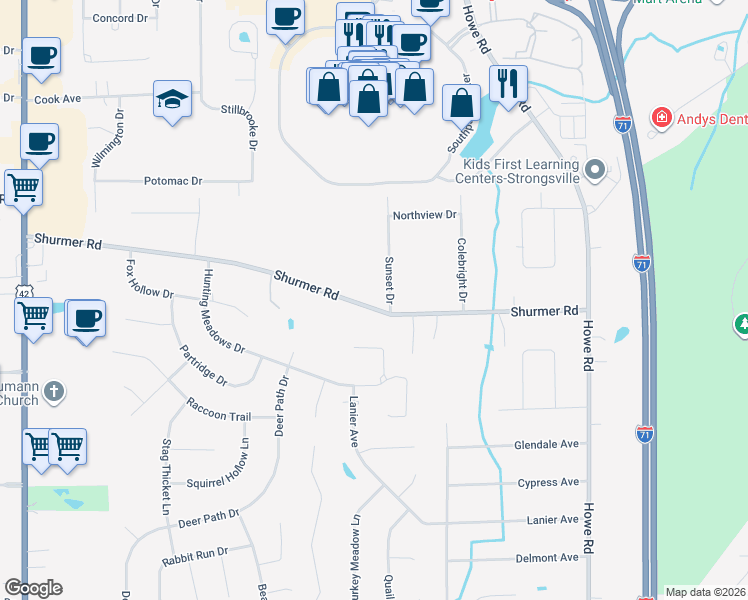 map of restaurants, bars, coffee shops, grocery stores, and more near 17140 Shurmer Road in Strongsville