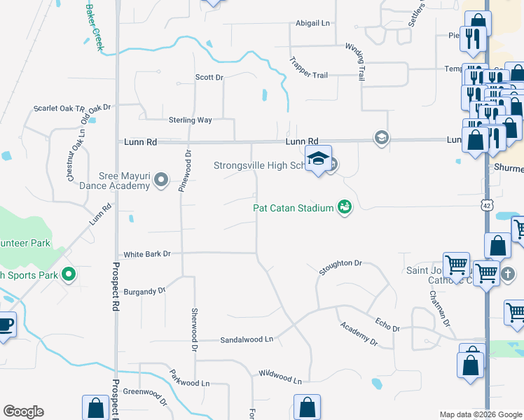 map of restaurants, bars, coffee shops, grocery stores, and more near 15267 Walnut Creek Drive in Strongsville