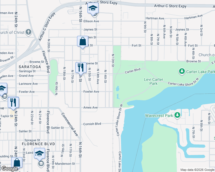 map of restaurants, bars, coffee shops, grocery stores, and more near 4718 North 14th Street in Omaha