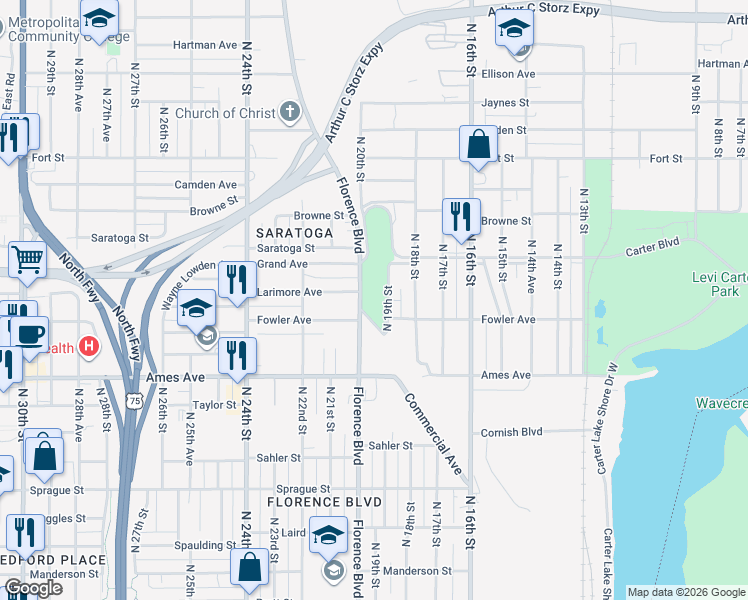 map of restaurants, bars, coffee shops, grocery stores, and more near 4811 Florence Boulevard in Omaha