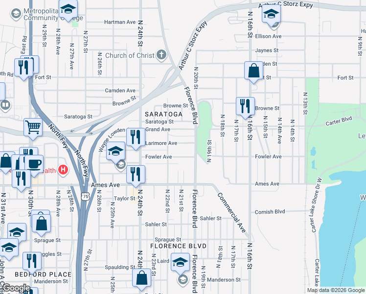 map of restaurants, bars, coffee shops, grocery stores, and more near 2022 Larimore Avenue in Omaha