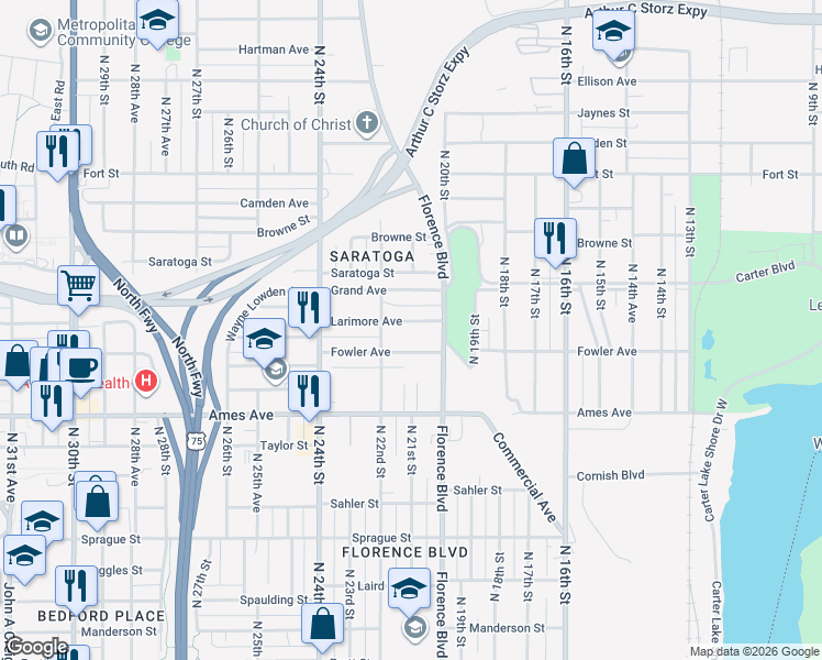map of restaurants, bars, coffee shops, grocery stores, and more near 2022 Larimore Avenue in Omaha