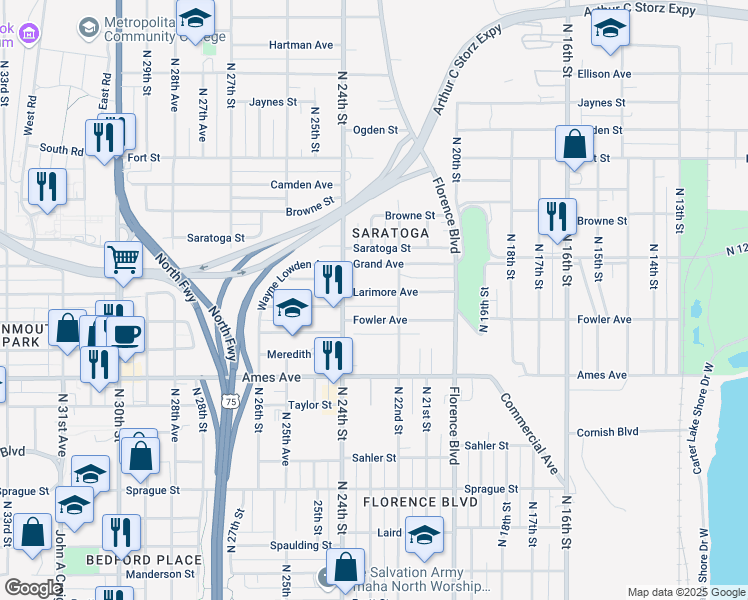 map of restaurants, bars, coffee shops, grocery stores, and more near 2222 Larimore Avenue in Omaha
