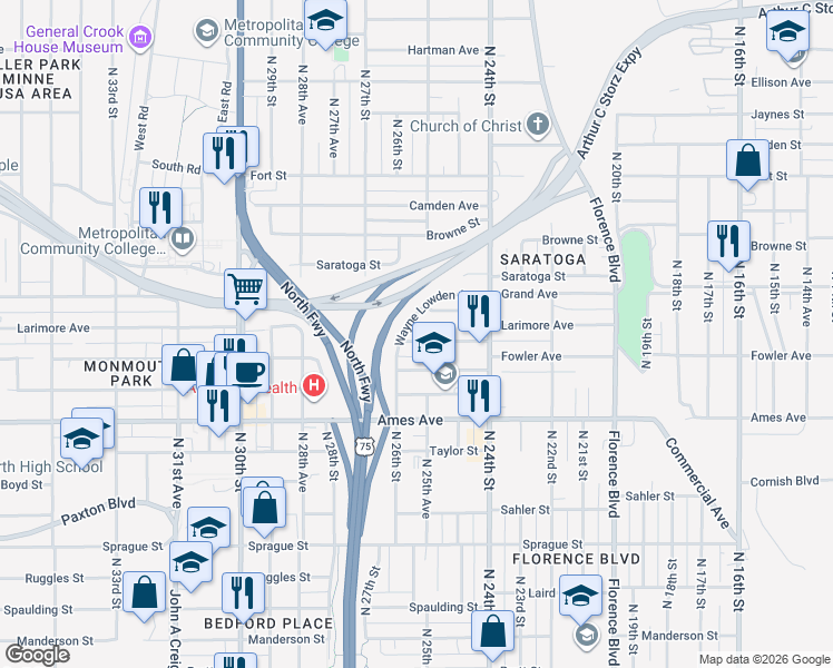map of restaurants, bars, coffee shops, grocery stores, and more near 2804 Larimore Avenue in Omaha