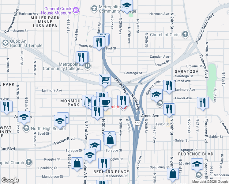 map of restaurants, bars, coffee shops, grocery stores, and more near 4719 North 29th Street in Omaha