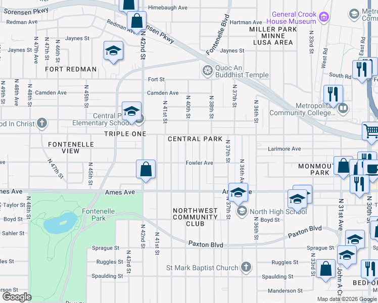 map of restaurants, bars, coffee shops, grocery stores, and more near 4734 North 39th Street in Omaha