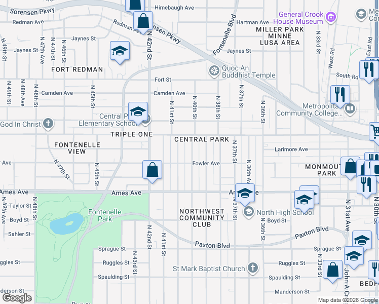 map of restaurants, bars, coffee shops, grocery stores, and more near 4735 North 40th Avenue in Omaha