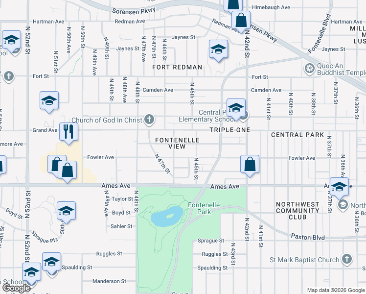 map of restaurants, bars, coffee shops, grocery stores, and more near 4542 Larimore Avenue in Omaha
