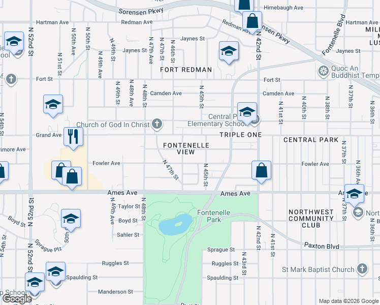 map of restaurants, bars, coffee shops, grocery stores, and more near 4542 Larimore Avenue in Omaha