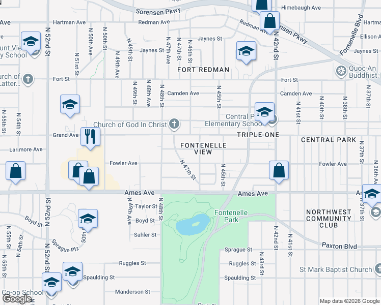 map of restaurants, bars, coffee shops, grocery stores, and more near 4632 Larimore Avenue in Omaha